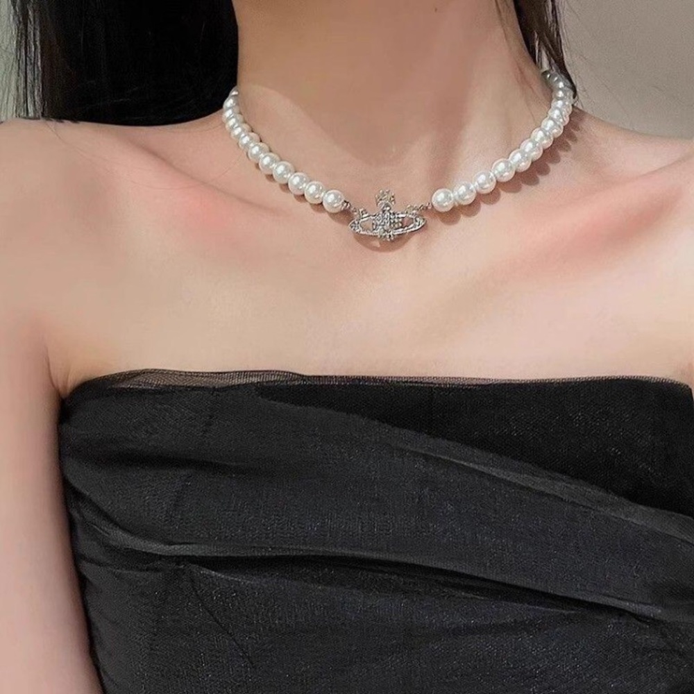 Vivienne Westwood Silver Saturn Pearl Necklace